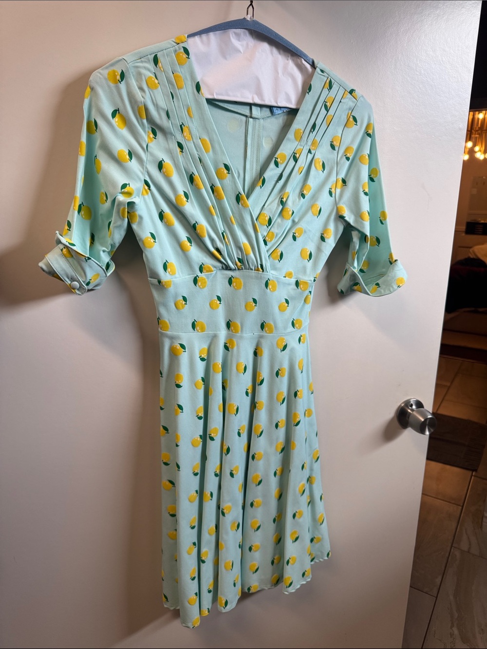 Unique Vintage Mint Green Lemon Print Wrap-Style Dress